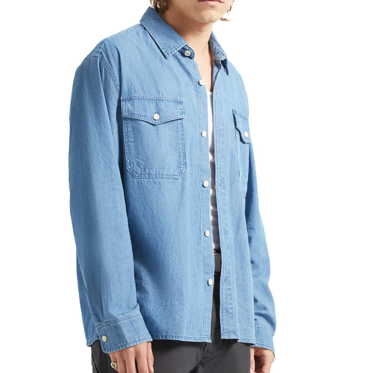 Brixton Waylon Lightweight Long Sleeve Over Shirt - Med Wash Chambrey - Image 3