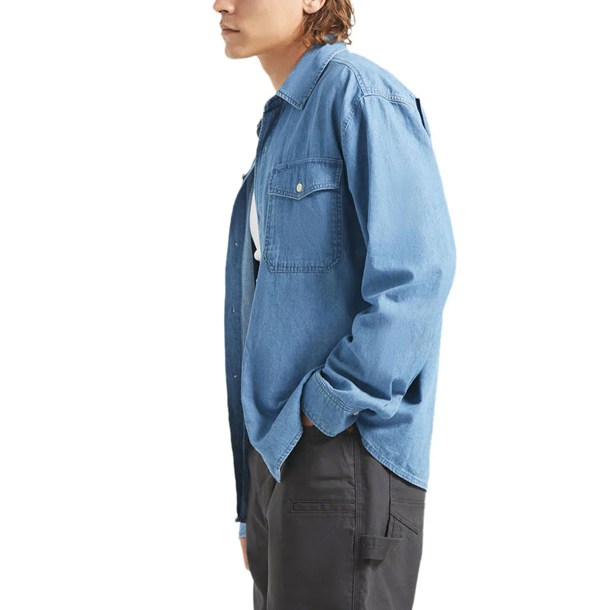Brixton Waylon Lightweight Long Sleeve Over Shirt - Med Wash Chambrey - Image 4