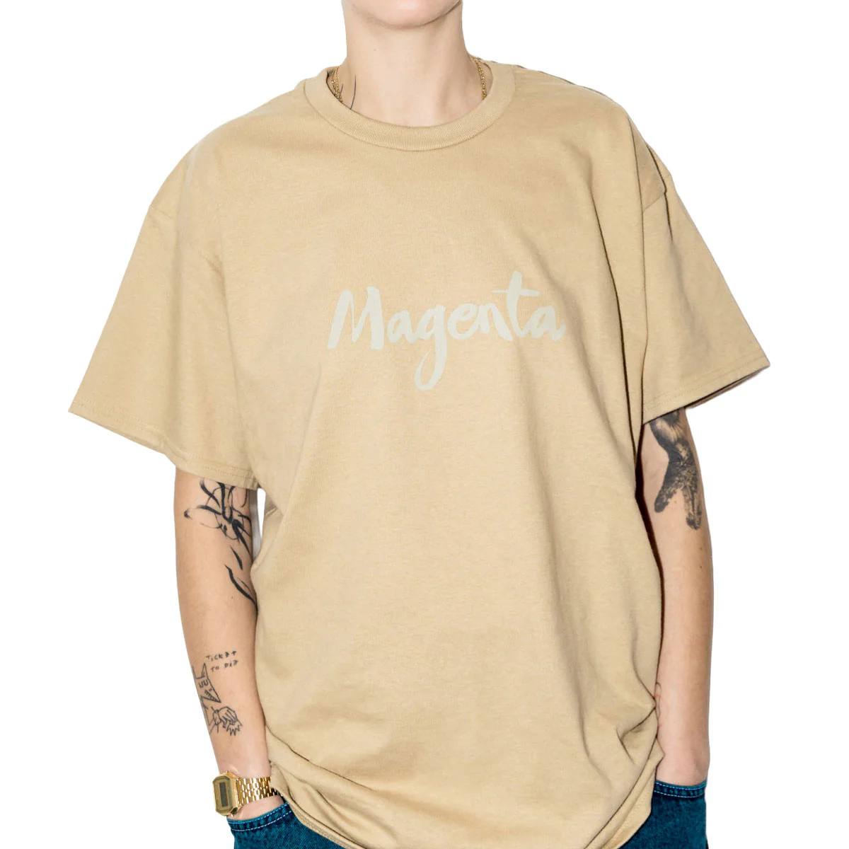 Magenta Script T-Shirt - Beige - Image 3