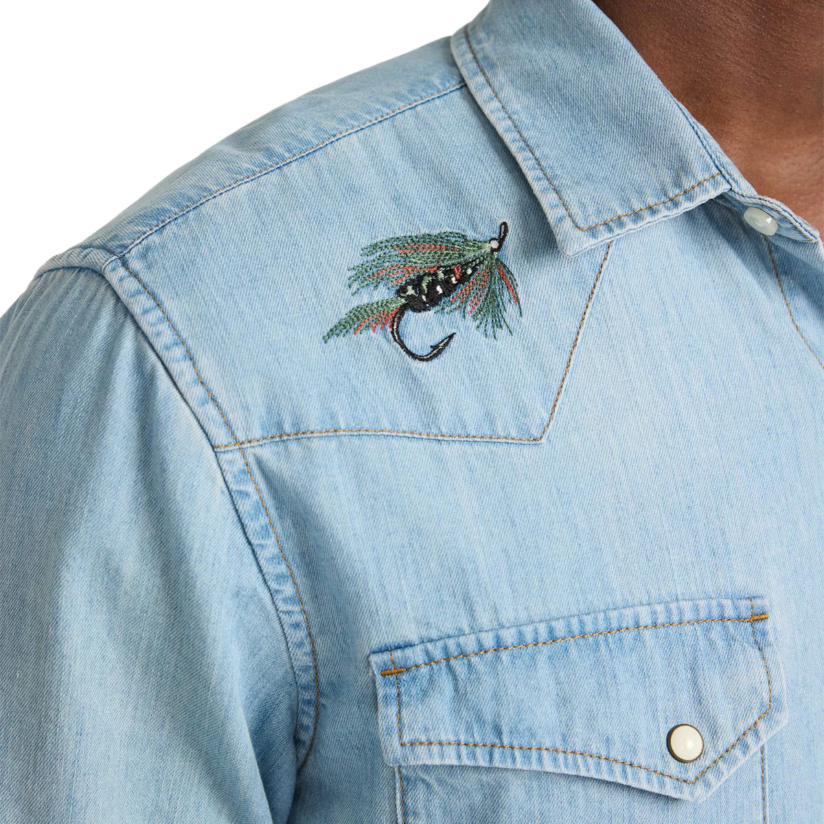 Pendleton Gambler Denim Long Sleeve Shirt - Light Denim/Salmon - Image 3