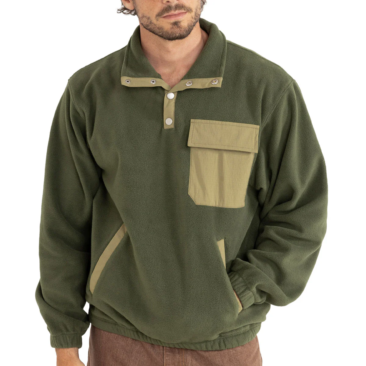 Rhythm Floresta Button Fleece Sweatshirt - Dark Green - Image 2