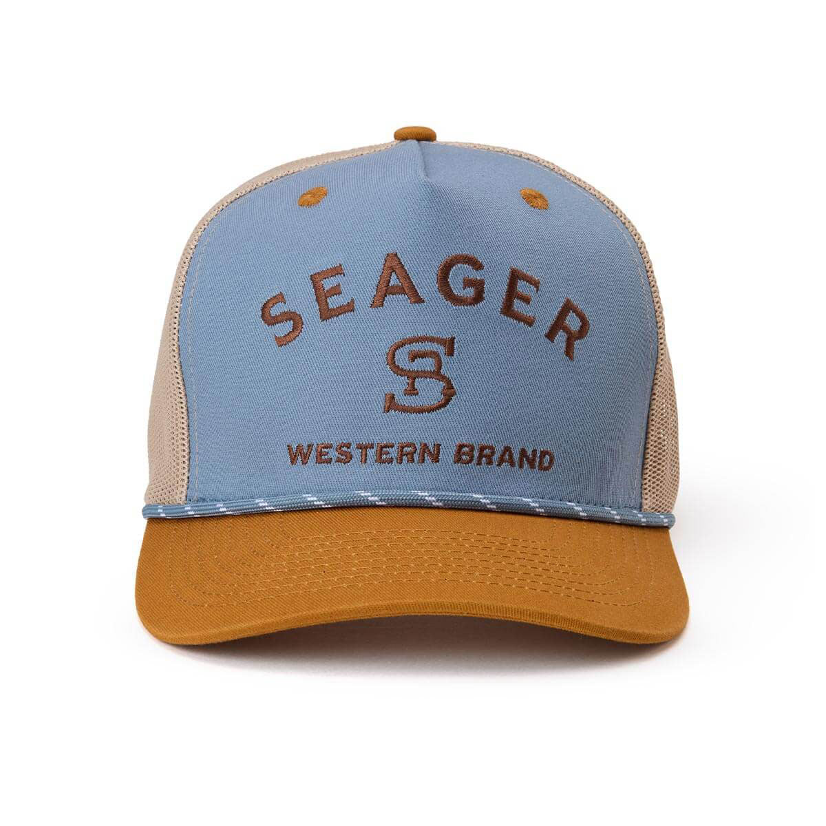 Seager Branded Trucker Snapback Hat - Blue/Tan - Image 3