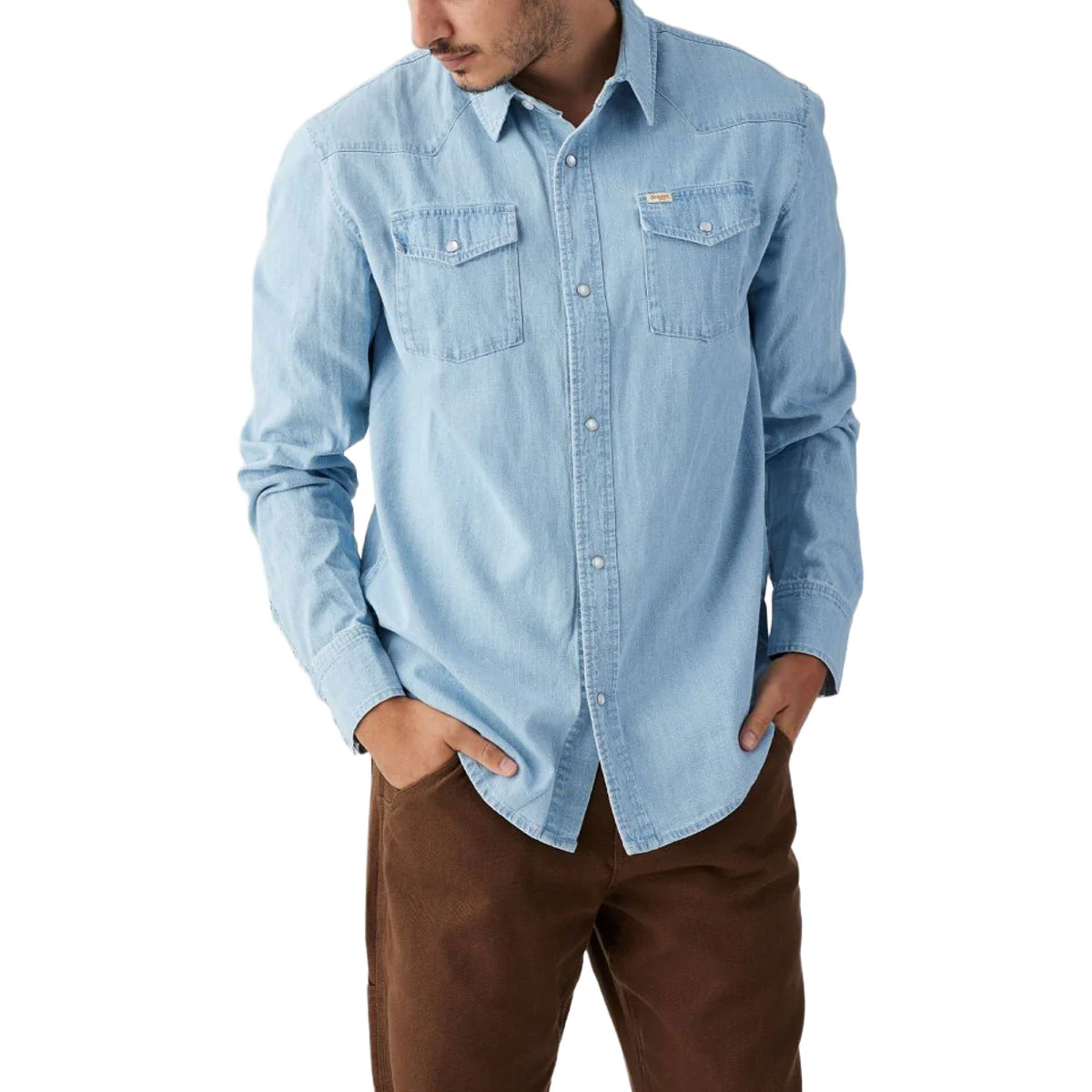 Seager Reagan Long Sleeve Pearl Snap Shirt - Light Wash - Image 4