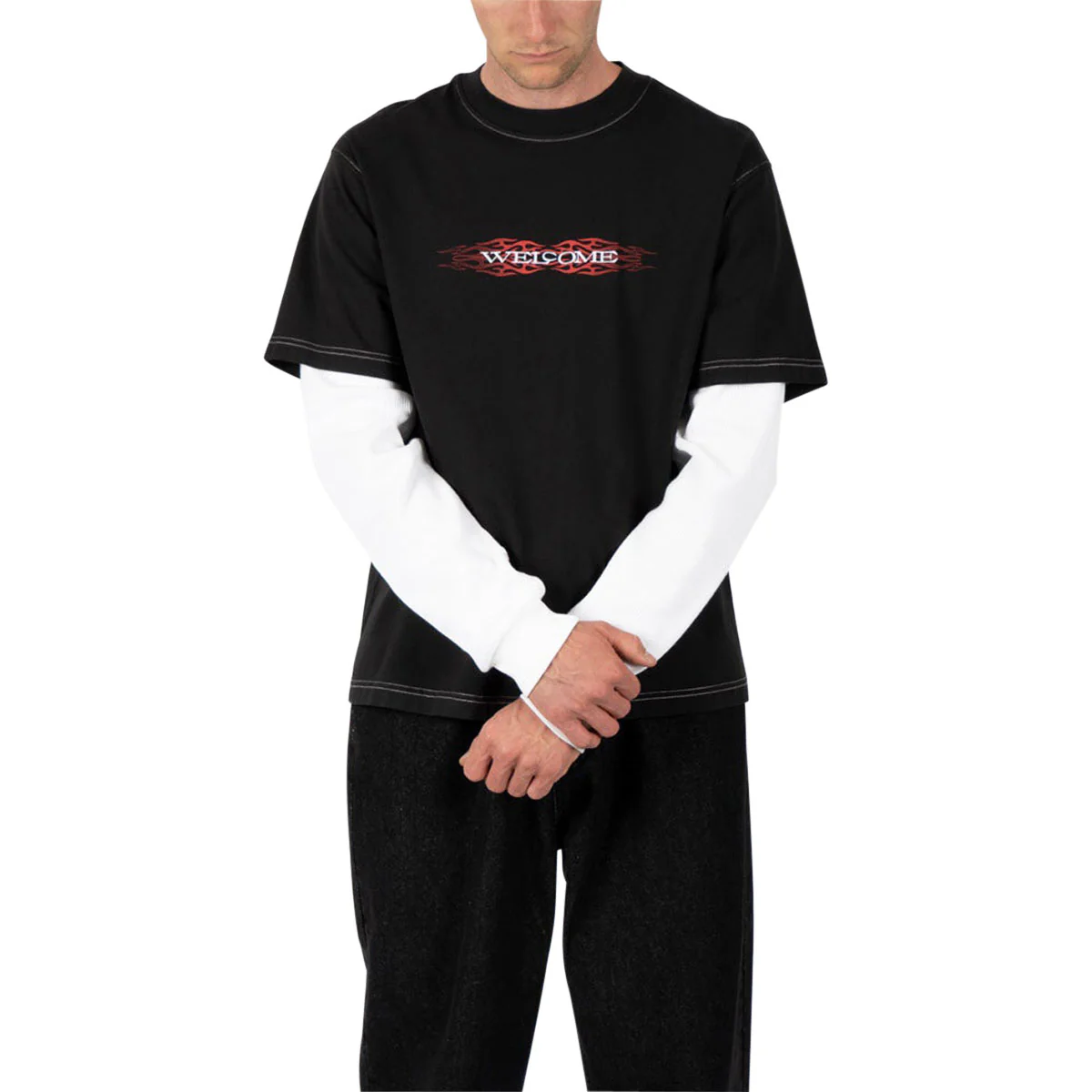 Welcome Brevity Layered Long Sleeve Knit T-Shirt - Black/White - Image 3