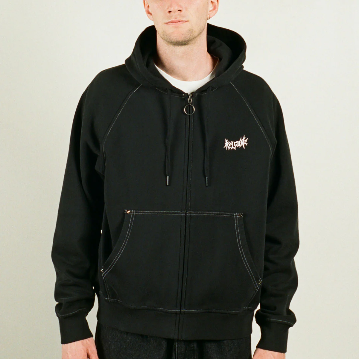 Welcome Vamp Cropped Studded Zip Hoodie - Black - Image 2